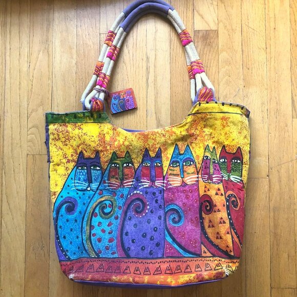 Laurel Burch Large Tote Bag 19" - Colorful Cats Feline Art Print - Canvas Bag - Picture 2 of 16